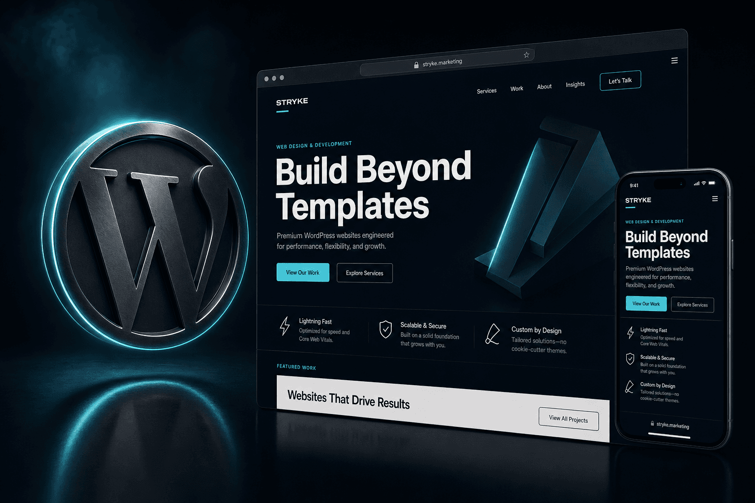 STRYKE WordPress Paket — Desktop- und Mobile-Mockup einer maßgeschneiderten WordPress-Website mit WordPress-Logo
